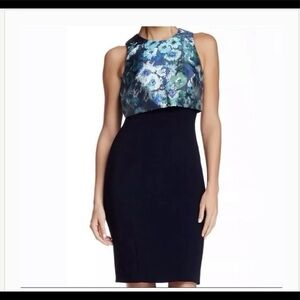 Theia Navy and Watercolor Floral Shift Dress Size 16